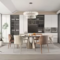 Modern Restaurant Interior Design With Dining Table Chairs Chandelier Wine Cabinet And Plant