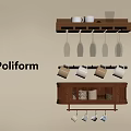Poliform Wooden Shelf With Hanging Cup Holders Glass Storage And Cabinet