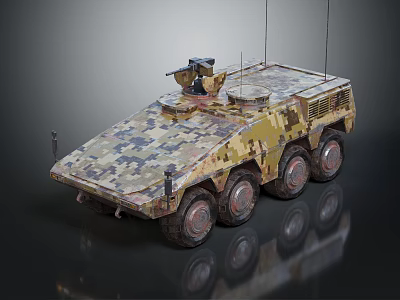 Six Wheeled Armored Military Vehicle with Camouflage Paint and Turret Antenna 3d model