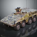 Six Wheeled Armored Military Vehicle with Camouflage Paint and Turret Antenna
