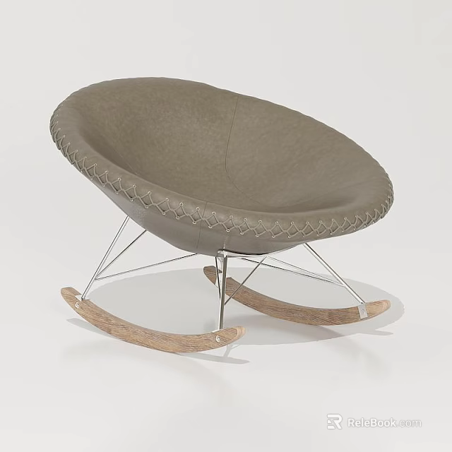 Comfortable Gray Leather Leisure Chair With Stitched Edge Metal Frame And Wooden Rocking Legs 3d model 
