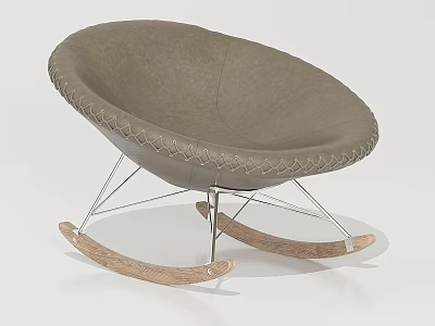 Comfortable Gray Leather Leisure Chair With Stitched Edge Metal Frame And Wooden Rocking Legs 3d model