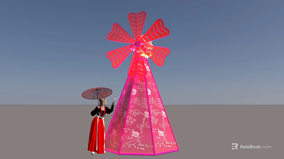 Pink Decorative Windmill Shaped Architectural Component With Conical Base And Petal Like Structure 3d model