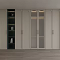 Modern Elegant Wardrobe Interior With Cream White Dark Green Open Shelves Glass Doors Brass Handles