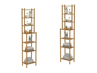 Bamboo Multi Tier Storage Shelves with Towels Plants and Bathroom Living Supplies 3d model