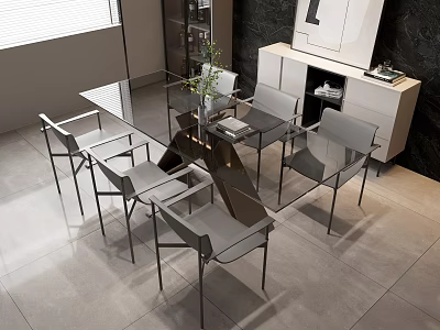 Modern Minimalist Dining Table Set With Glass Top And Six Gray Chairs Decoration 3d model