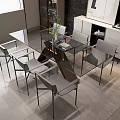 Modern Minimalist Dining Table Set With Glass Top And Six Gray Chairs Decoration