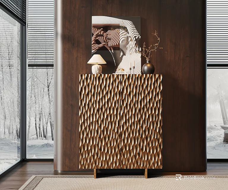 Modern Entryway Console Cabinet With Wavy Bronze Texture Decorative Items And Snowy Window View 3d model 