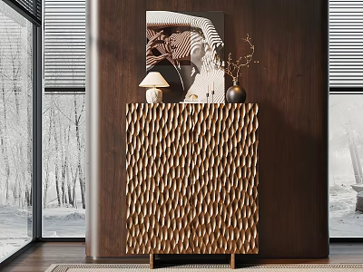 Modern Entryway Console Cabinet With Wavy Bronze Texture Decorative Items And Snowy Window View 3d model