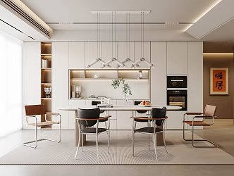 Modern Dining Room Dining Table and Chair Combination Chandelier Sideboard Hanging Painting Green Plant Electrical Cabinet 3d model