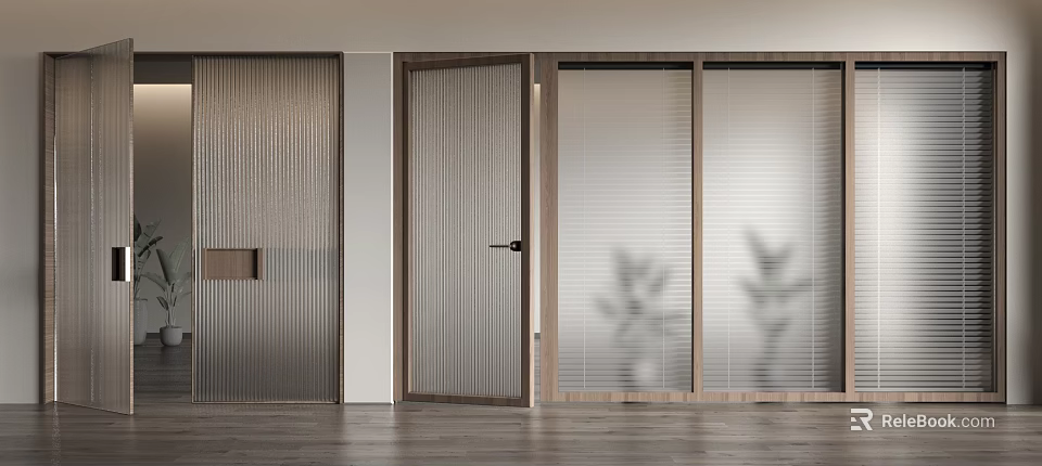Modern Interior Hinged Door With Wooden Frame Glass Panel And Plant Shadows On Wooden Floor 3d model 