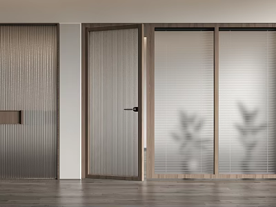 Modern Interior Hinged Door With Wooden Frame Glass Panel And Plant Shadows On Wooden Floor 3d model