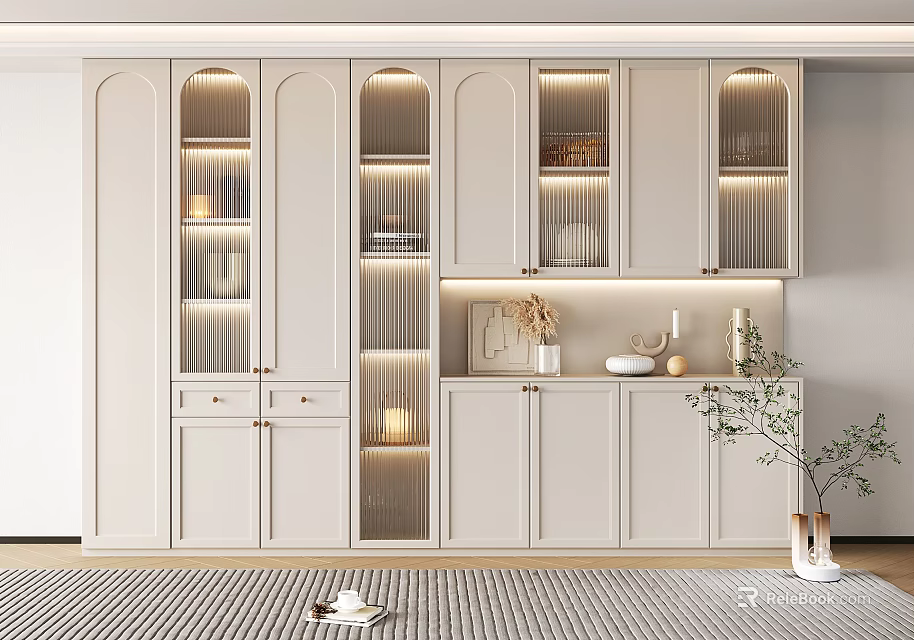 Elegant Modern Wine Cabinet Design With White Glass Doors LED Lighting And Storage 3d model 