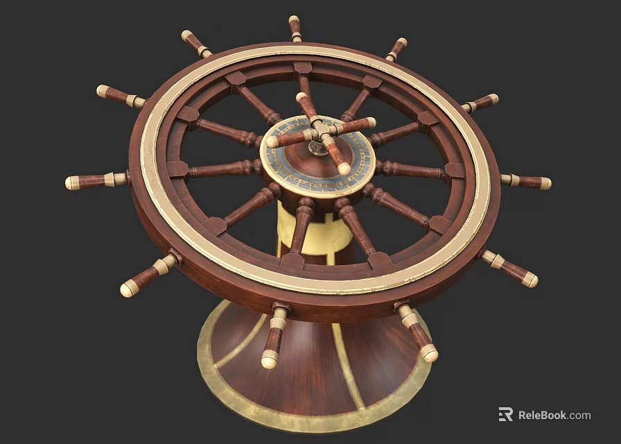 Vintage Wooden Ship Wheel Featuring Brass Accents And Ornate Base Design 3d model 