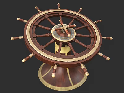Vintage Wooden Ship Wheel Featuring Brass Accents And Ornate Base Design 3d model