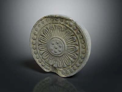 Ancient Circular Stone Carving Featuring Radiant Floral Patterns And Dots 3d model