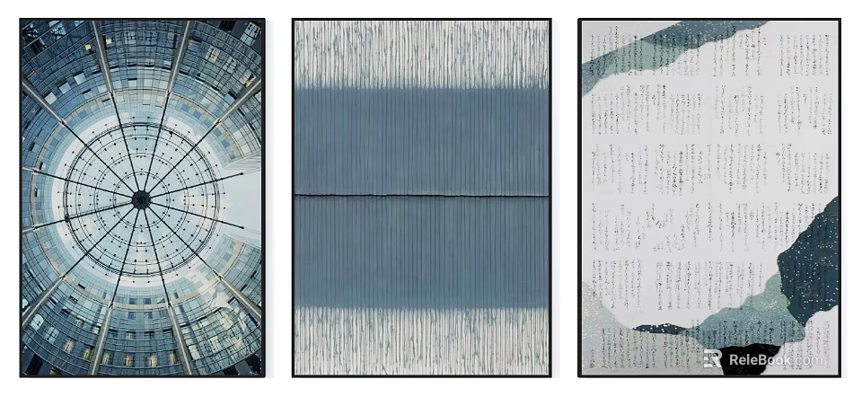 Abstract Decorative Artworks With Geometric Blue Stripes And Text Designs 3d model