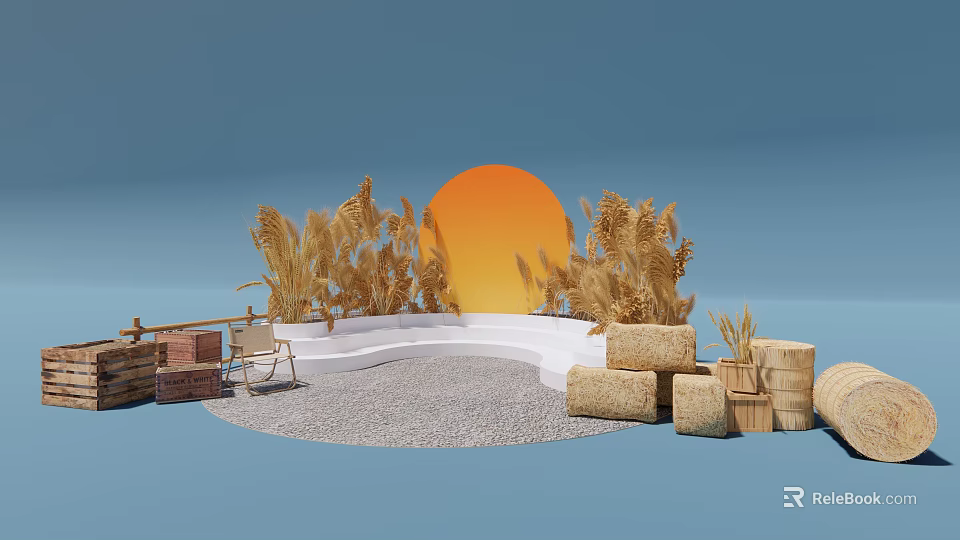 Scenic Photo Spot With Sunset Palm Leaves White Platform Straw Bales Chair And Wooden Crates 3d model 