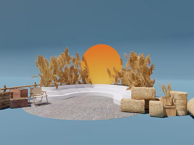 Scenic Photo Spot With Sunset Palm Leaves White Platform Straw Bales Chair And Wooden Crates 3d model