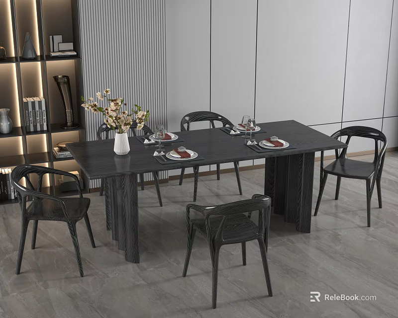 Modern Black Dining Table And Chairs Set With Decorative Vase Plates And Wine Glasses 3d model 