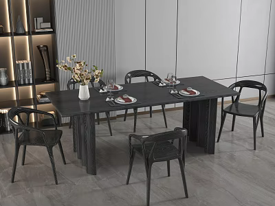 Modern Black Dining Table And Chairs Set With Decorative Vase Plates And Wine Glasses 3d model