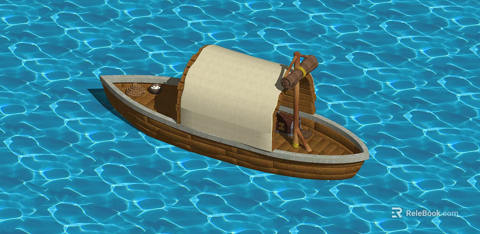 Wooden Boat With Canvas Canopy And Wooden Oar On Blue Rippled Water 3d model 
