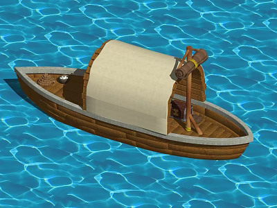 Wooden Boat With Canvas Canopy And Wooden Oar On Blue Rippled Water 3d model