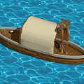 Wooden Boat With Canvas Canopy And Wooden Oar On Blue Rippled Water
