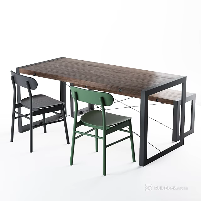 Modern Minimalist Table And Chairs Set With Wooden Top And Black Green Chairs 3d model 