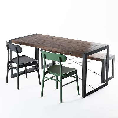 Modern Minimalist Table And Chairs Set With Wooden Top And Black Green Chairs 3d model