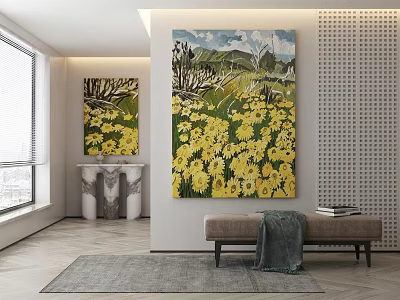 Interior Decor With Large Yellow Flower Painting Smaller Artwork Bench And Area Rug 3d model