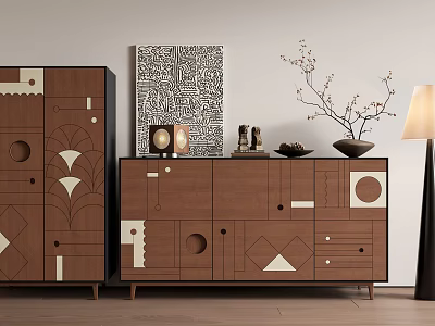 Wooden Entryway Cabinet and Side Cabinet with Geometric Design Decorative Vase Table Lamp and Painting 3d model