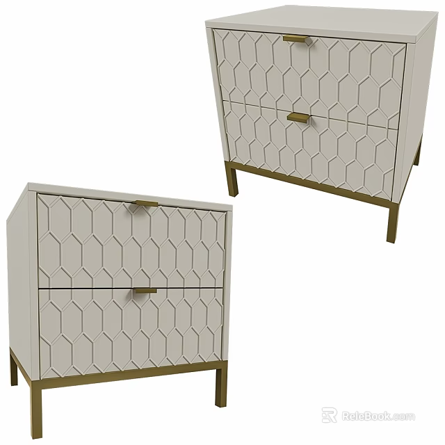 Modern Light Beige Nightstand With Hexagonal Pattern Drawers And Gold Handles 3d model