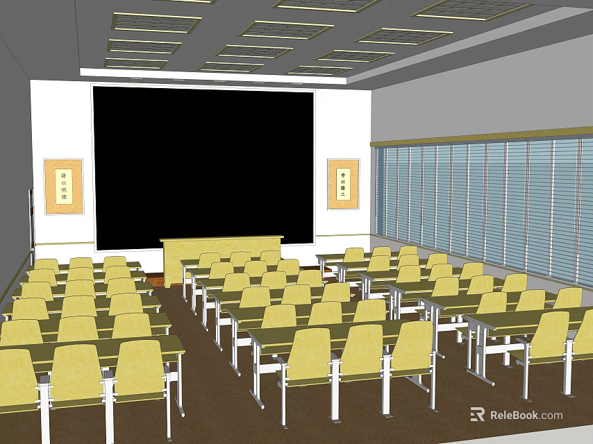 School Classroom With Yellow Chairs Projection Screen Windows With Blinds And Arranged Desks 3d model 