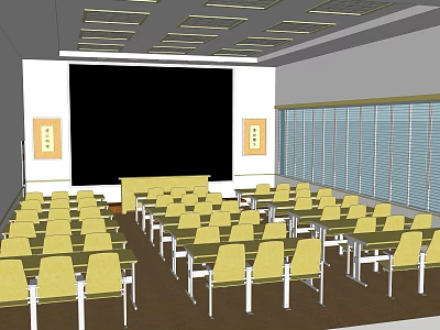 School Classroom With Yellow Chairs Projection Screen Windows With Blinds And Arranged Desks 3d model