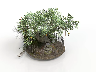 Decorative Tree Scene With Wrought Iron Fence Circular Base Yellow Fruits And Small Statue 3d model