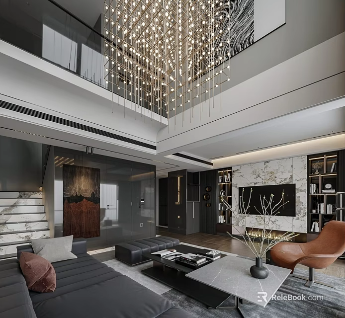 Luxury Modern High Ceiling Living And Dining Room Interior With Stylish Chandelier And Elegant Furnishings 3d model 