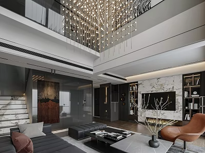 Luxury Modern High Ceiling Living And Dining Room Interior With Stylish Chandelier And Elegant Furnishings 3d model