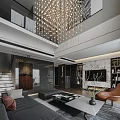 Luxury Modern High Ceiling Living And Dining Room Interior With Stylish Chandelier And Elegant Furnishings