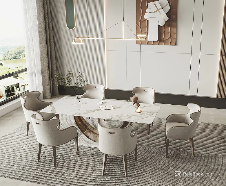 Modern Dining Table Set With Marble Top Six Light Gray Chairs And Modern Wall Art 3d model