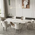Modern Dining Table Set With Marble Top Six Light Gray Chairs And Modern Wall Art 3d model