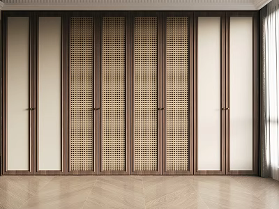 Modern Wooden Wardrobe Interior Design With Rattan Panels And White Sliding Doors 3d model