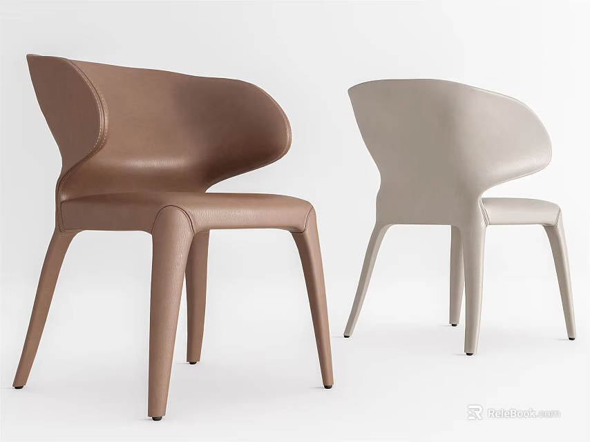 Modern Brown and Beige Leather Dining Chairs with Curved Back Design 3d model