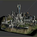 Futuristic Urban 3D Model Featuring Tall Skyscrapers Various Buildings Green Spaces and Water