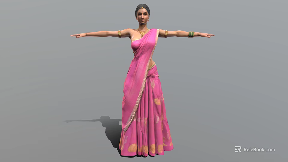 Traditional Indian Female Character In Pink Saree With Golden Patterns Extended Arms And Green Bangles 3d model 