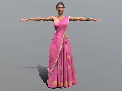 Traditional Indian Female Character In Pink Saree With Golden Patterns Extended Arms And Green Bangles 3d model