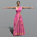 Traditional Indian Female Character In Pink Saree With Golden Patterns Extended Arms And Green Bangles