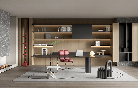 Modern study desk and chair bookcase 3d model