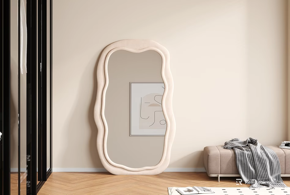 Organic Shaped Mirror In Light Room With Sofa And Art 3d model