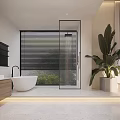 Bright Hotel Guest Room Featuring Wooden Ceiling Glass Partition Large Windows And Potted Plant